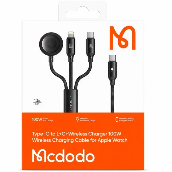 کابل شارژ سه کاره 1.2 متری فست و شارژر وایرلس Mcdodo مدل CA-494 100W - مشکی